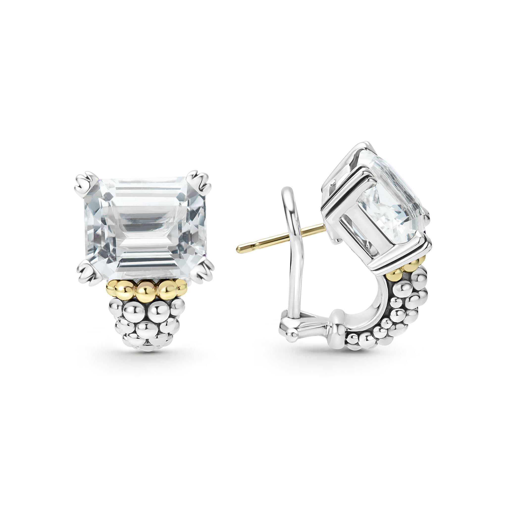 Glacier Large White Topaz Huggie Earrings featuring emerald-cut gemstones with 18K gold Caviar beading on sterling silver hoops, embodying LAGOS craftsmanship and elegance.