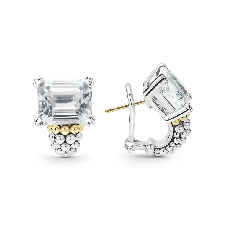 Glacier Large White Topaz Huggie Earrings featuring emerald-cut gemstones with 18K gold Caviar beading on sterling silver hoops, embodying LAGOS craftsmanship and elegance.