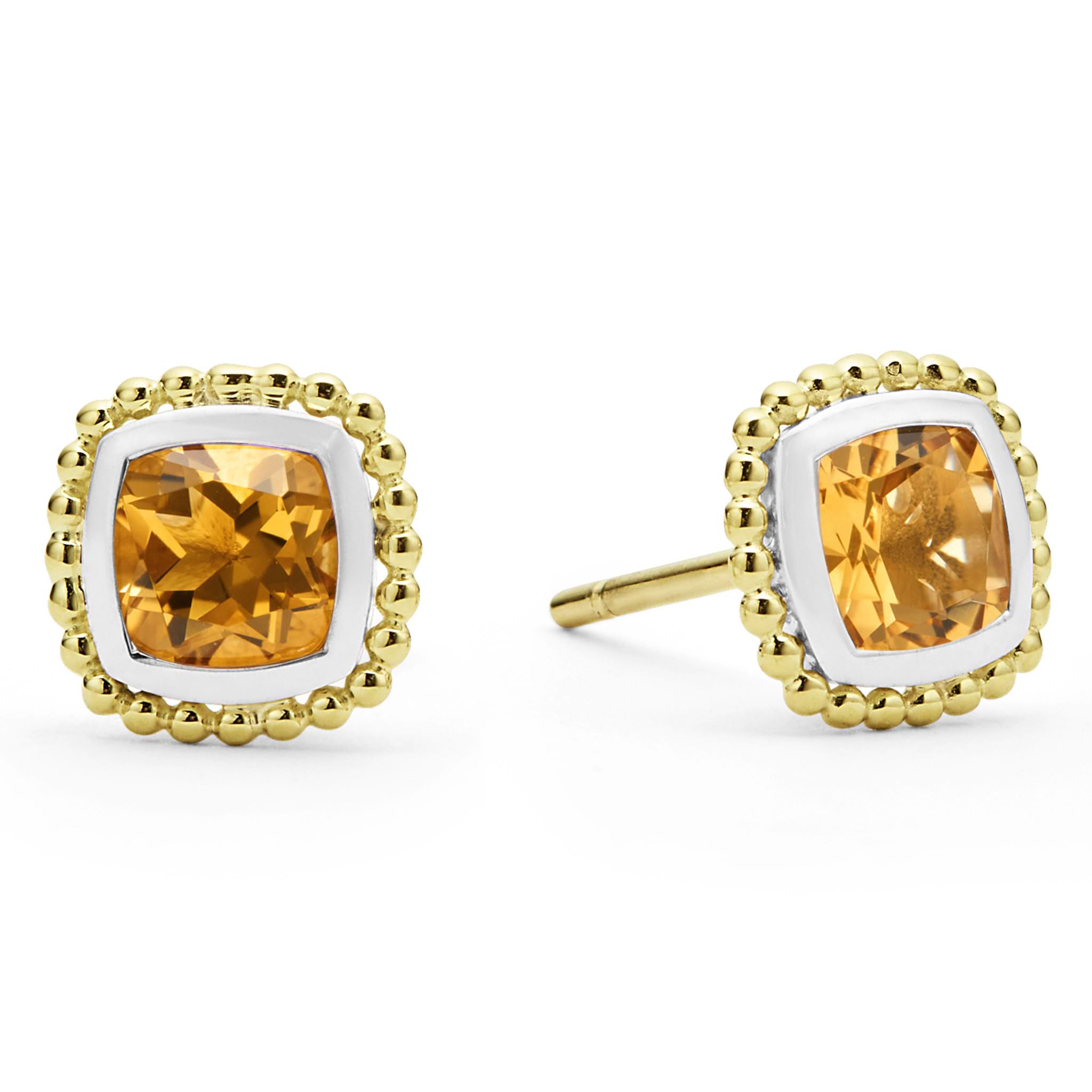 Citrine gemstone stud earrings surrounded by smooth sterling silver and 18K gold Caviar beading.