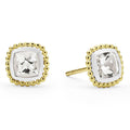 White topaz gemstone stud earrings surrounded by smooth sterling silver and 18k gold Caviar beading.