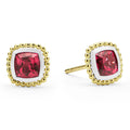 Rhodolite garnet gemstone stud earrings surrounded by smooth sterling silver and 18K gold Caviar beading.