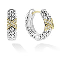 18K gold & diamonds with sterling silver Caviar beading form these huggie hoop earrings. LAGOS diamonds are the highest quality natural stones.