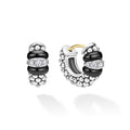 side of sterling silver beaded huggie earrings with black ceramic and diamond details