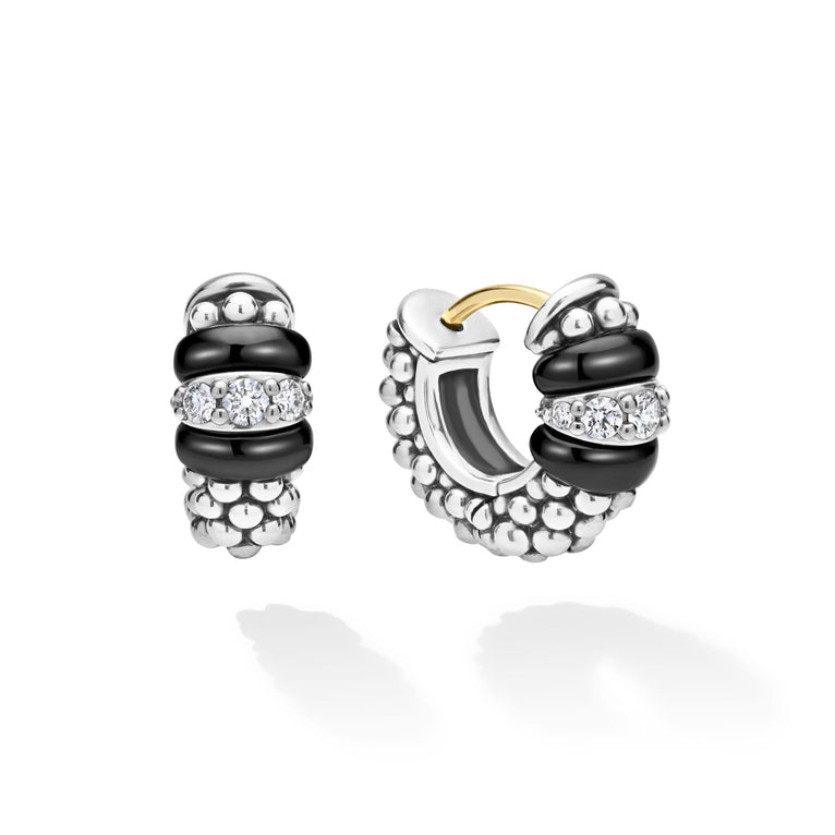 side of sterling silver beaded huggie earrings with black ceramic and diamond details