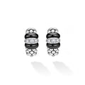 front of sterling silver beaded huggie earrings with black ceramic and diamond details