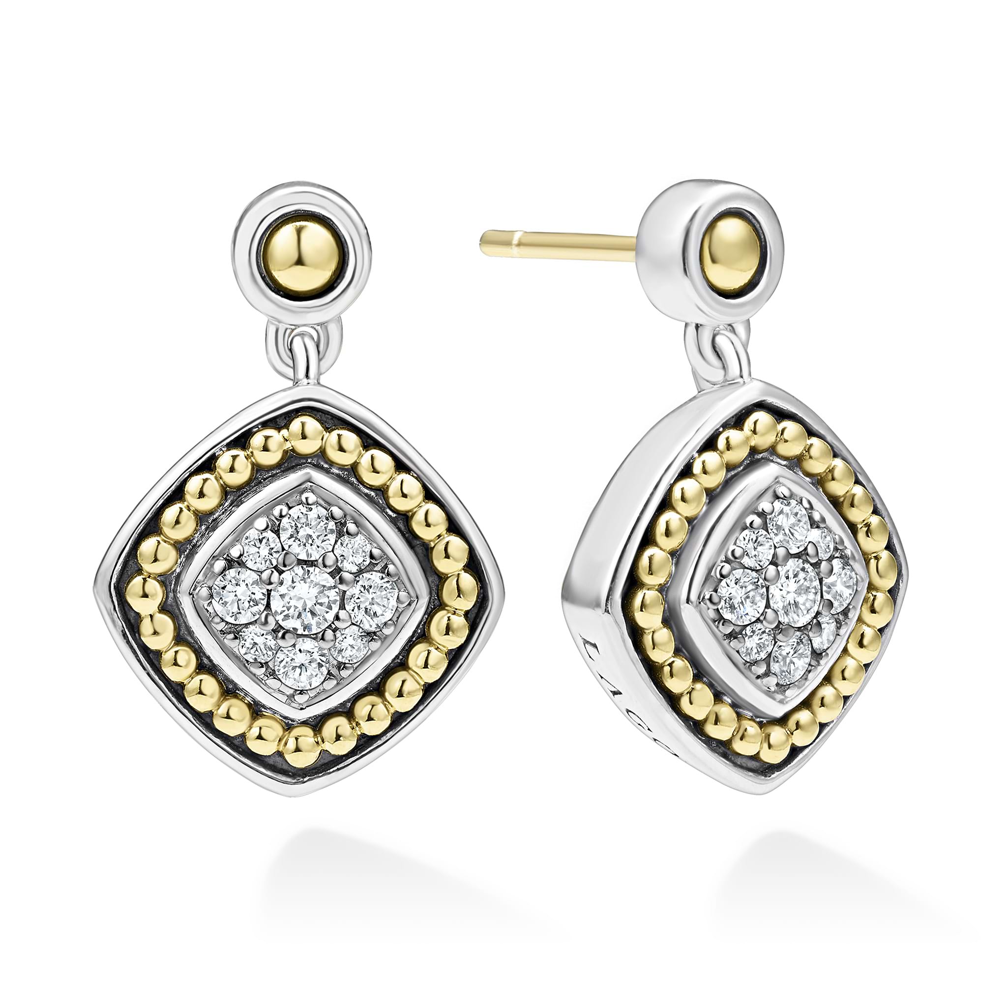 A LAGOS exclusive. Diamond surrounded by sterling silver and 18K gold Caviar beading form these drop earrings. LAGOS diamonds are the highest quality natural stones.