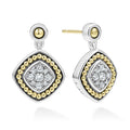 A LAGOS exclusive. Diamond surrounded by sterling silver and 18K gold Caviar beading form these drop earrings. LAGOS diamonds are the highest quality natural stones.