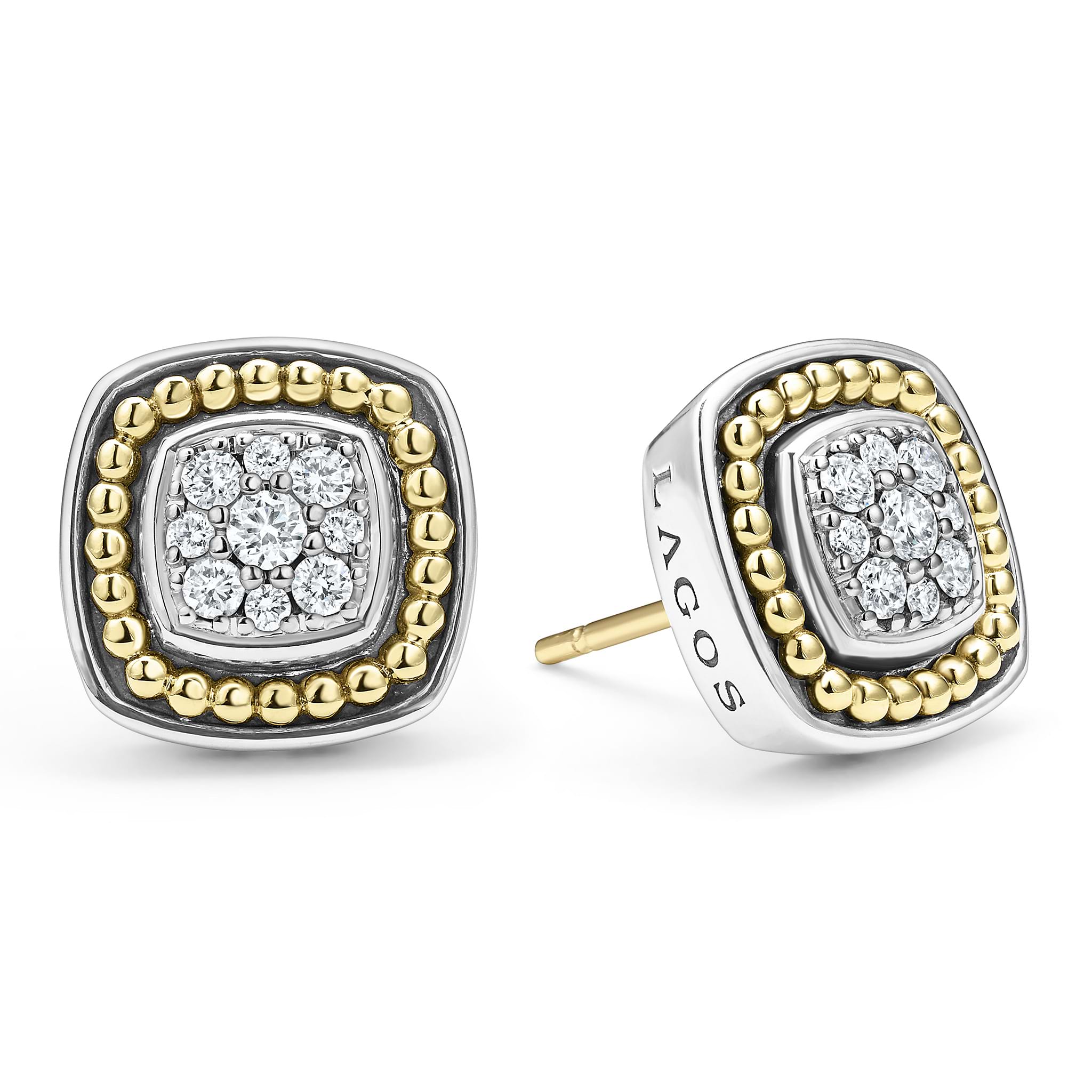 A LAGOS exclusive. Diamonds surrounded by sterling silver and 18K gold Caviar beading form these stud earrings. LAGOS diamonds are the highest quality natural stones.