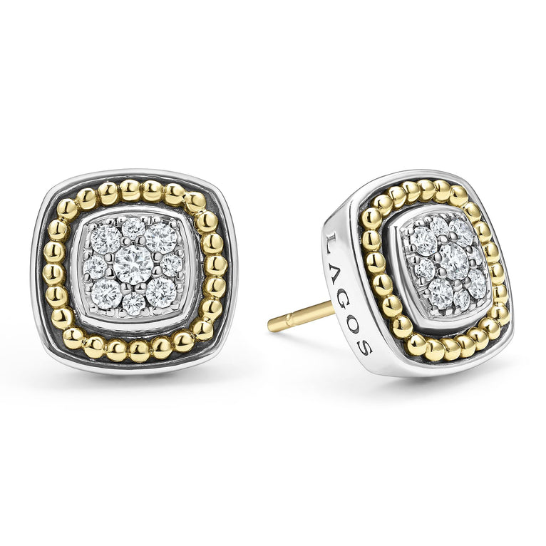 A LAGOS exclusive. Diamonds surrounded by sterling silver and 18K gold Caviar beading form these stud earrings. LAGOS diamonds are the highest quality natural stones.
