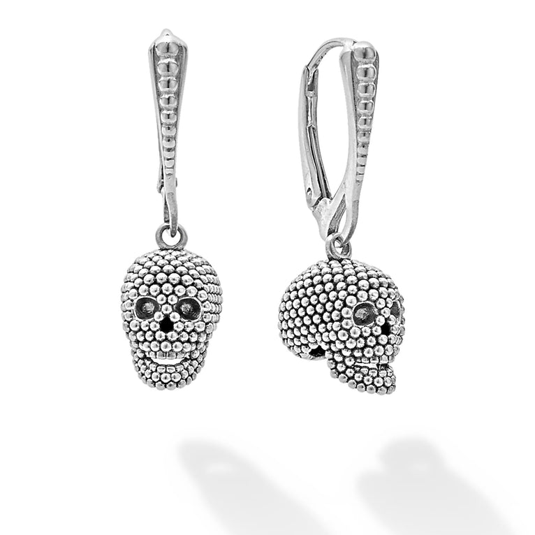 caviar silver beaded skull drop earrings