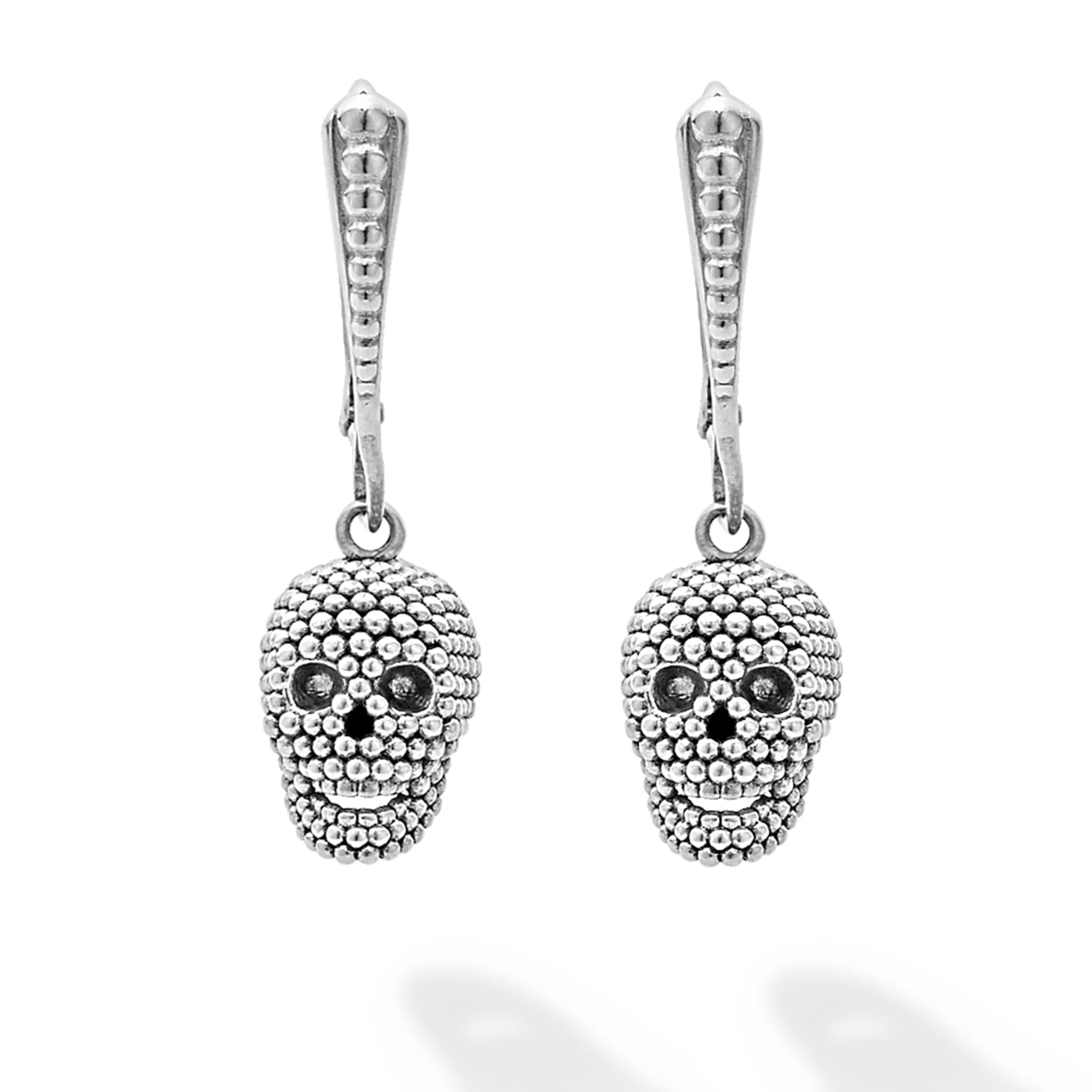caviar silver beaded skull drop earrings