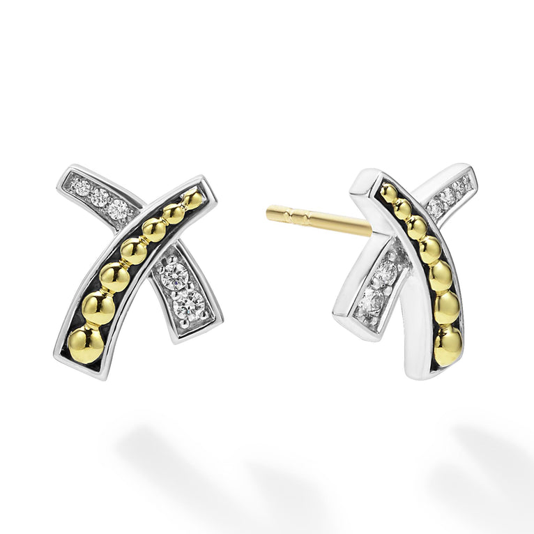 A LAGOS exclusive. Diamonds set in sterling silver accented by 18K gold beading form these signature X stud earrings. LAGOS diamonds are the highest quality natural stones.