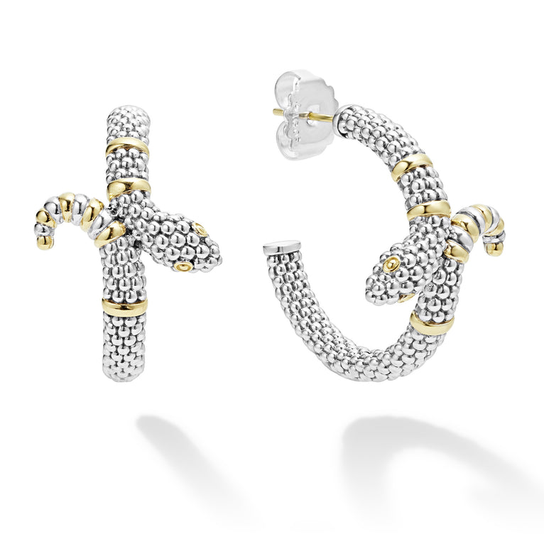Sterling silver Caviar beading highlighted by 18K gold stations form these unique snake hoop earrings.