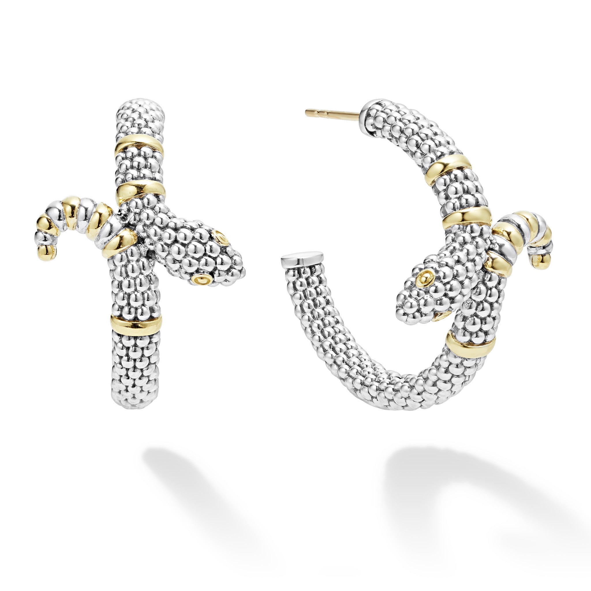 Rare Wonders Two-Tone Snake Hoop Earrings featuring sterling silver caviar beading with 18K gold accents, showcasing a textured, bubbly surface and secure post-and-back closure by LAGOS.