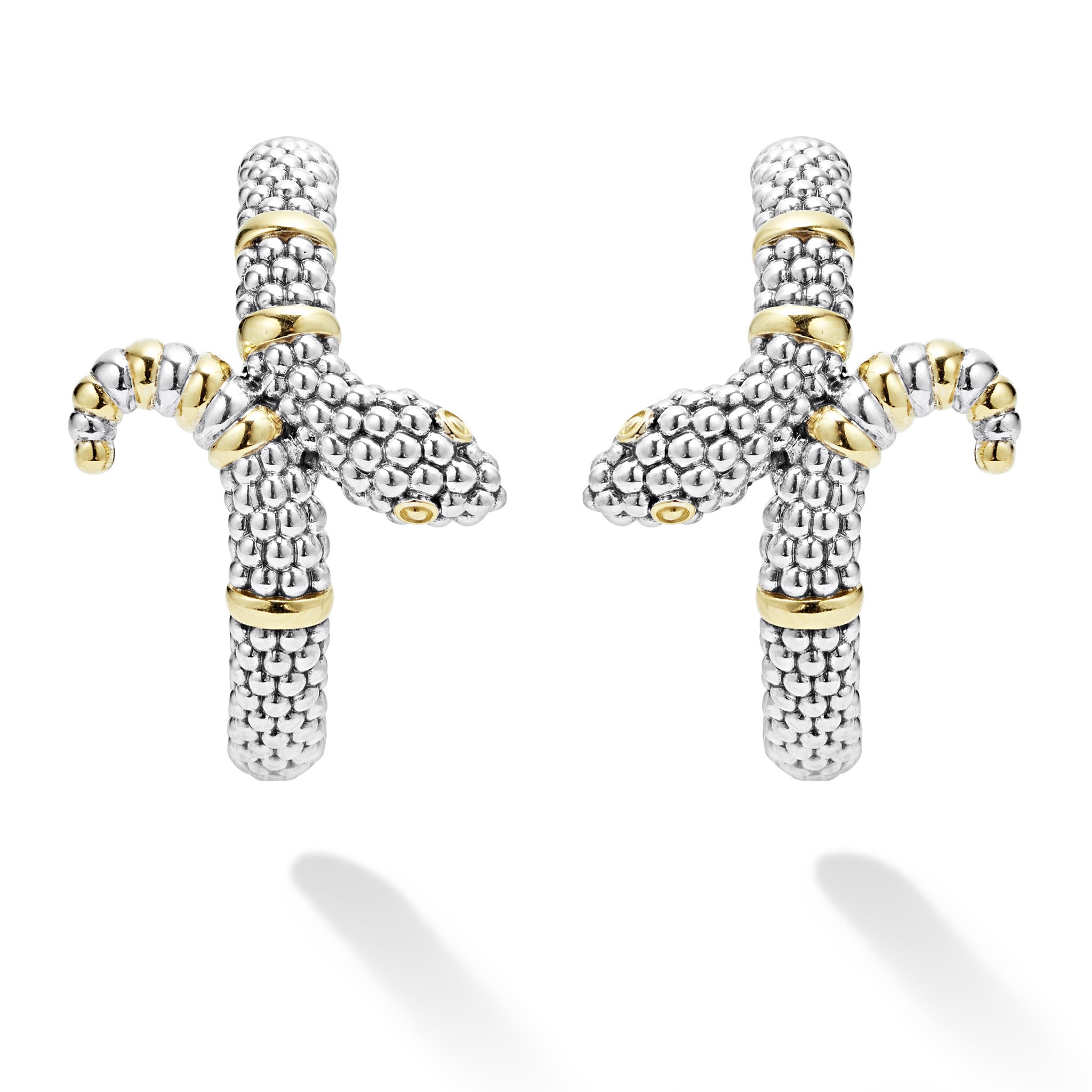 Rare Wonders Two-Tone Snake Hoop Earrings in sterling silver with 18K gold accents, featuring LAGOS caviar beading for a textured, elegant finish.