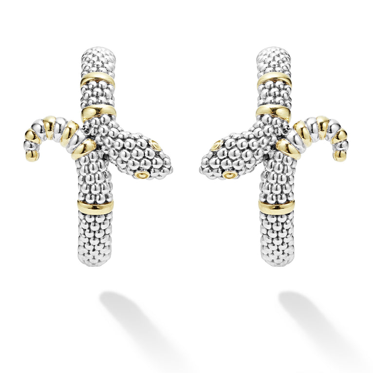Rare Wonders Two-Tone Snake Hoop Earrings in sterling silver with 18K gold accents, featuring LAGOS caviar beading for a textured, elegant finish.