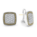 A LAGOS exclusive. Diamond omega clip earrings surrounded by 18K gold Caviar beading and smooth sterling silver. LAGOS diamonds are the highest quality natural stones.