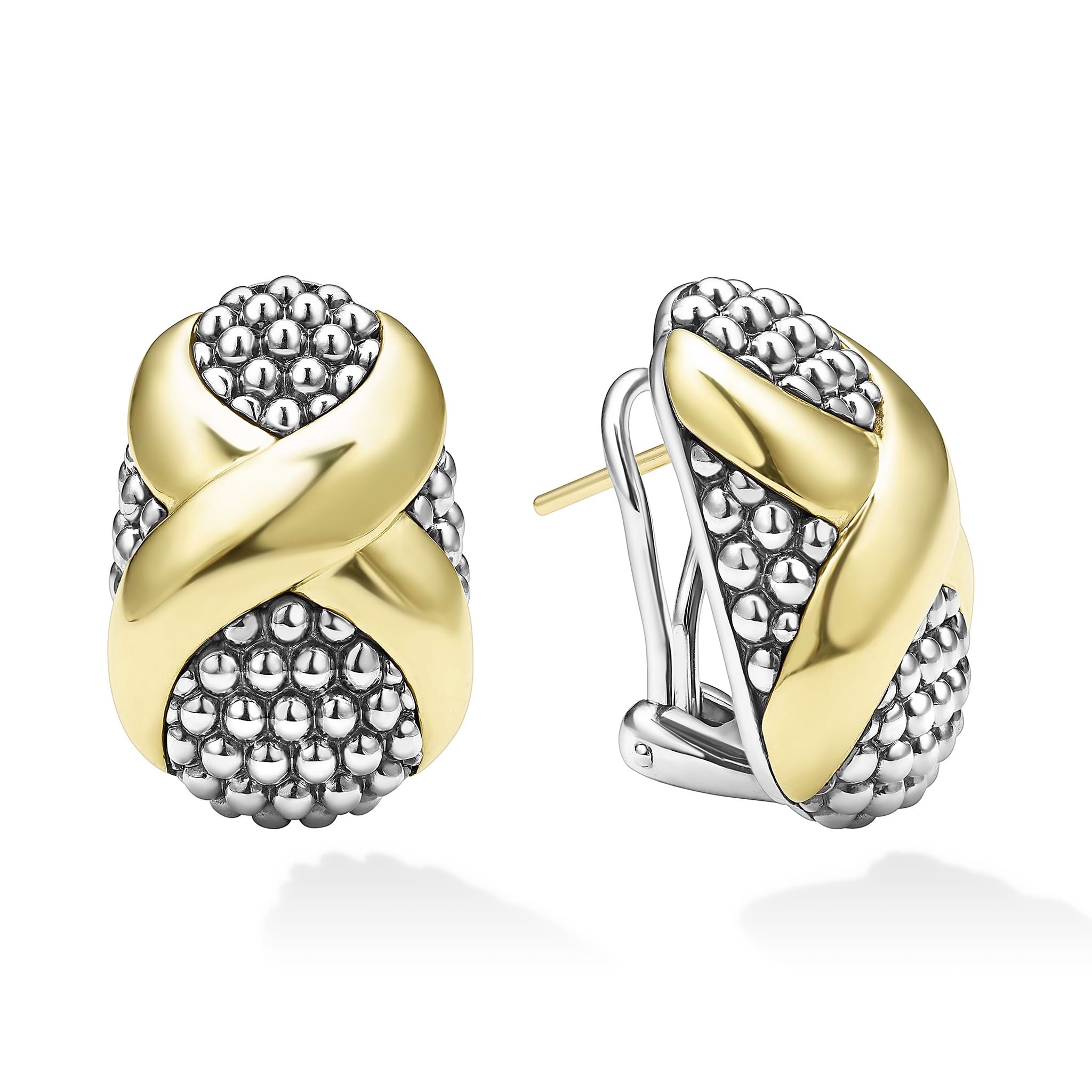 Smooth 18K gold and sterling silver Caviar beading form these omega clip earrings.