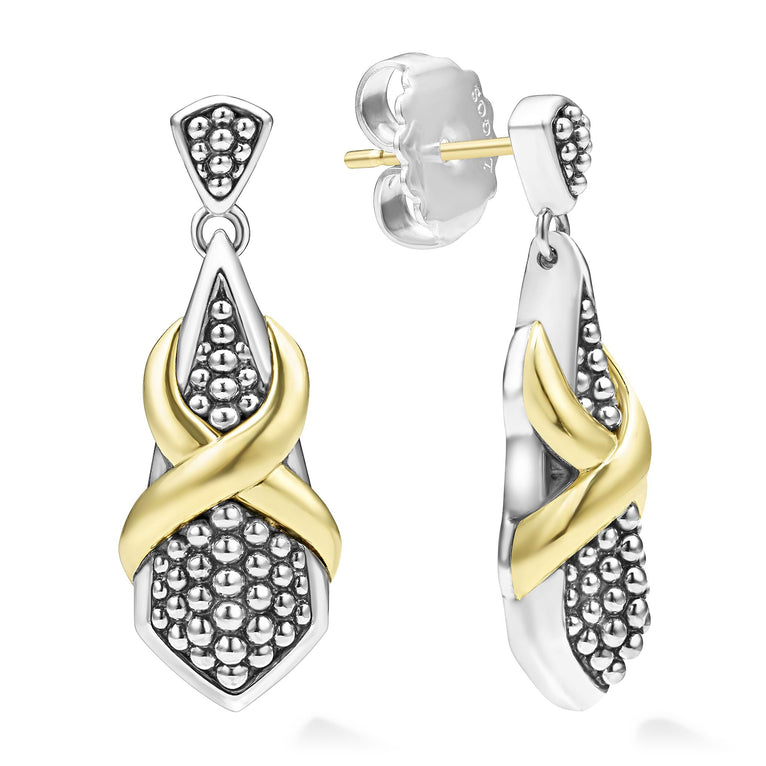 A smooth 18k gold X and sterling silver Caviar beading form these drop earrings.
