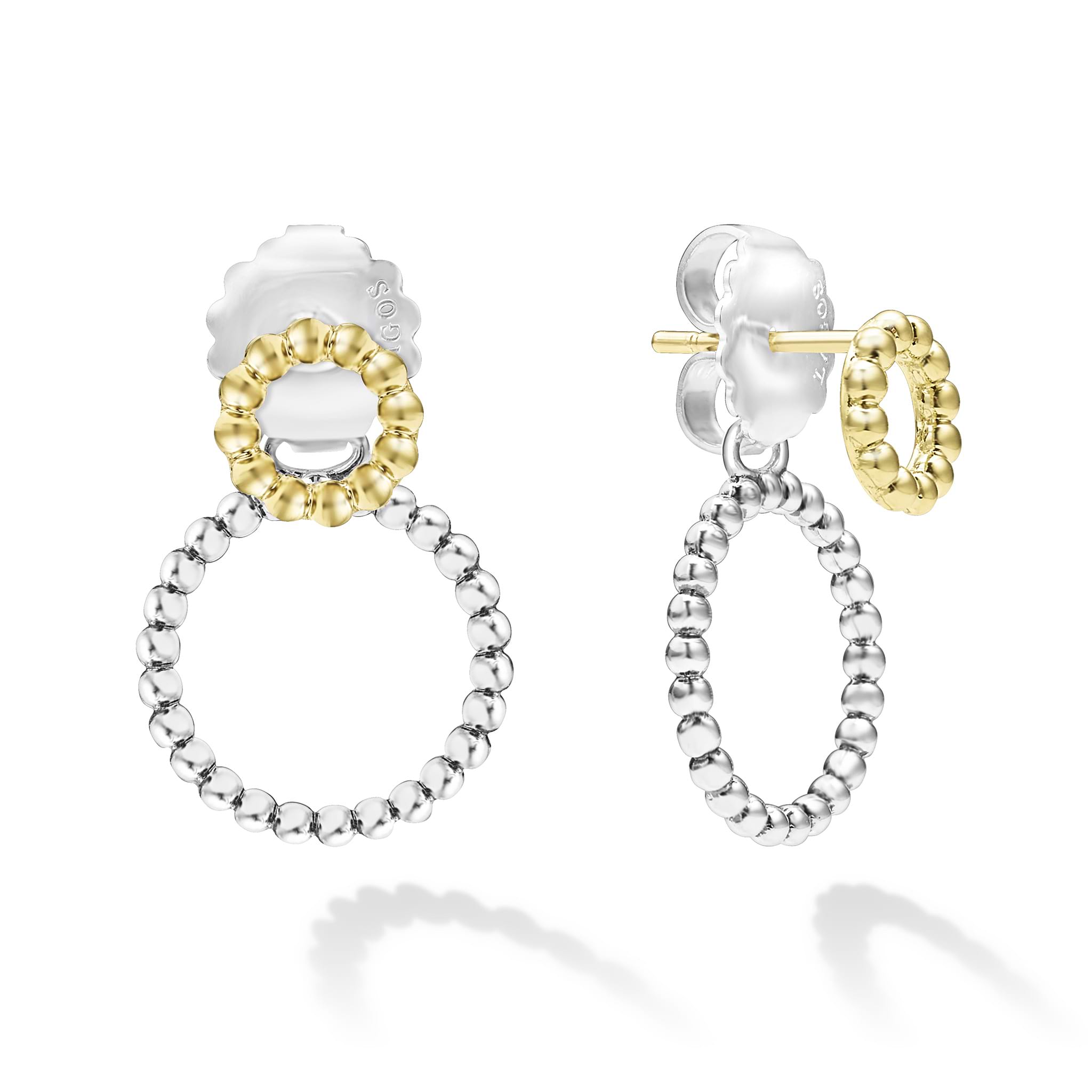 A LAGOS exclusive. 18K gold and sterling silver Caviar beading form these circle drop earrings.