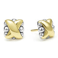 A smooth 18k gold X and sterling silver Caviar beading accents form these stud earrings.
