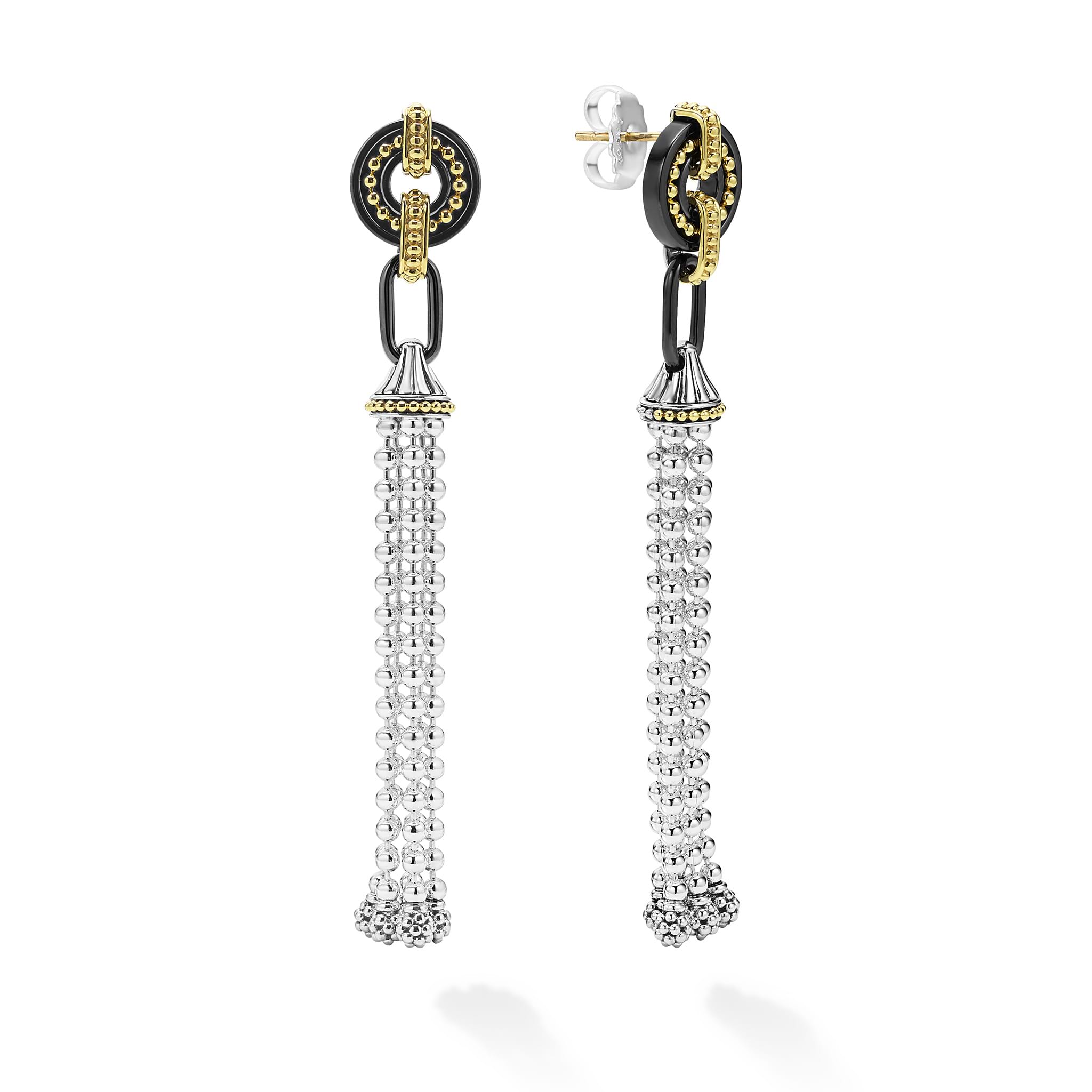 Black Caviar Long Two-Tone Black Ceramic Tassel Earrings