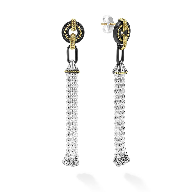 Black Caviar Long Two-Tone Black Ceramic Tassel Earrings