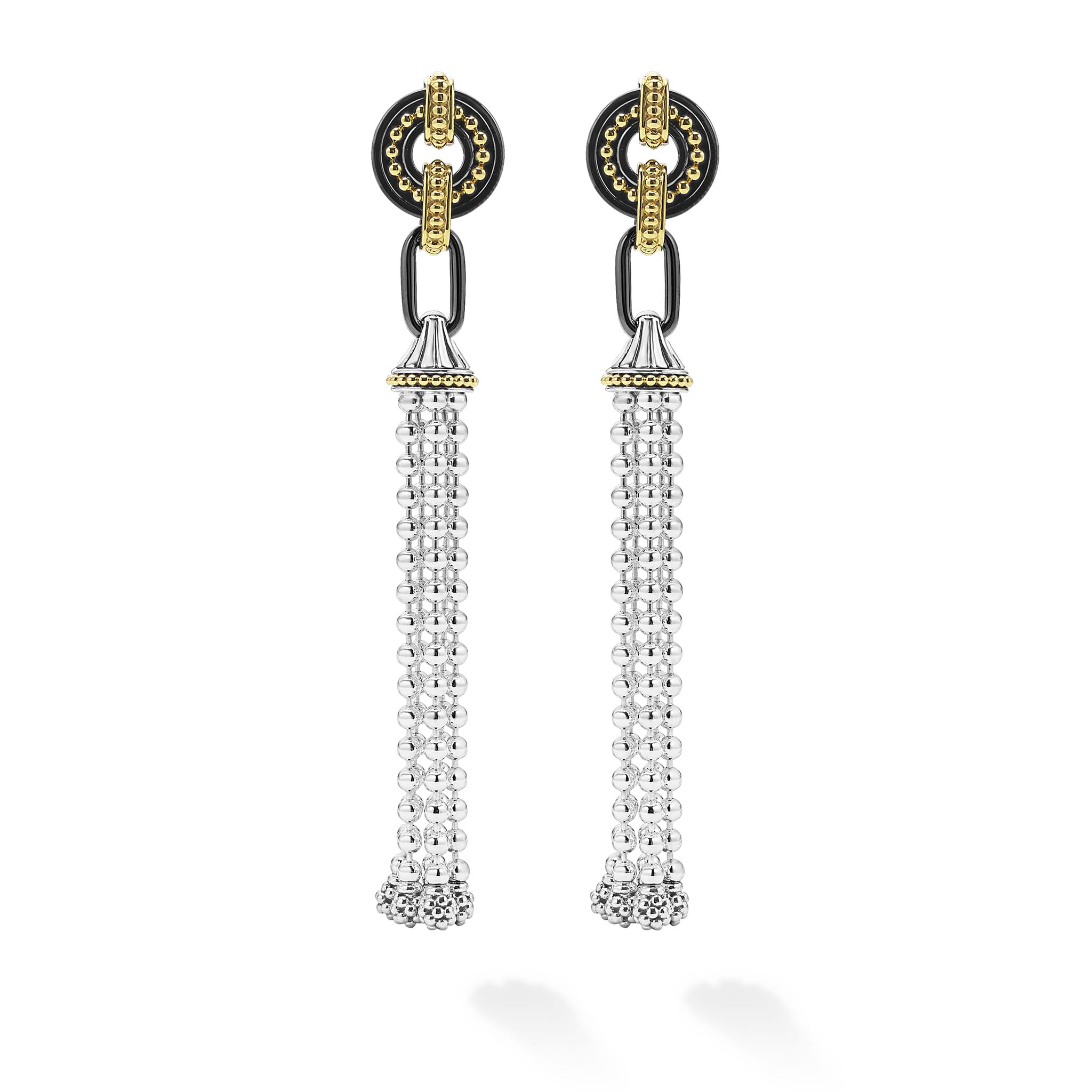 Black Caviar Long Two-Tone Black Ceramic Tassel Earrings