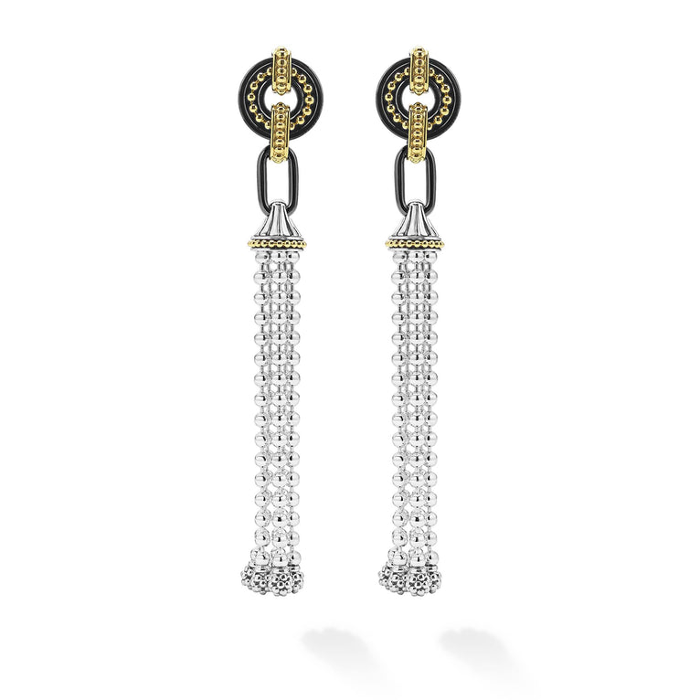 Black Caviar Long Two-Tone Black Ceramic Tassel Earrings