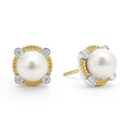Freshwater cultured pearl stud earrings accented by diamonds and set in sterling silver Caviar beading. LAGOS diamonds are the highest quality natural stone.