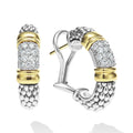 Pavé diamonds, 18K gold, and sterling silver Caviar beading form these signature hoop earrings. LAGOS diamonds are the highest quality natural stones.