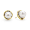Classic freshwater cultured pearl stud earrings set in 18K gold Caviar beading.