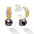 18K gold and sterling silver Caviar beading with a black pearl drop detailing form these hoop earrings.