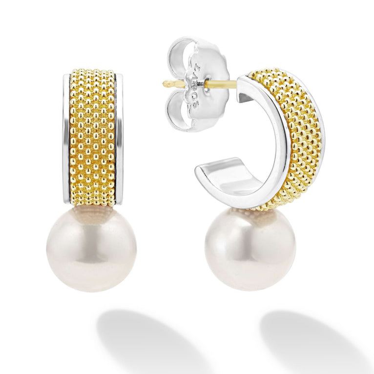 18K gold and sterling silver Caviar beading with a pearl drop detailing form these hoop earrings.