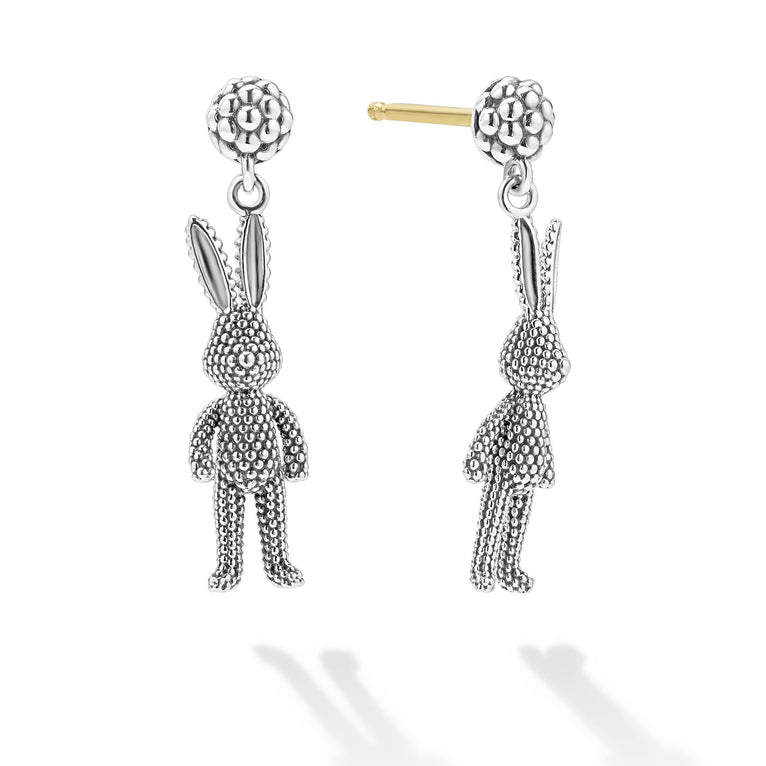 Artfully crafted rabbit drop earrings made of sterling silver Caviar beading.