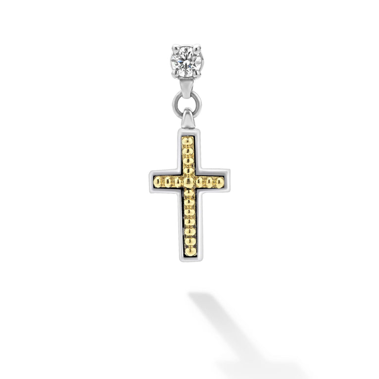 18K gold Caviar beading surrounded by sterling silver accented by a single diamond form this cross earring. LAGOS diamonds are the highest quality natural stones.