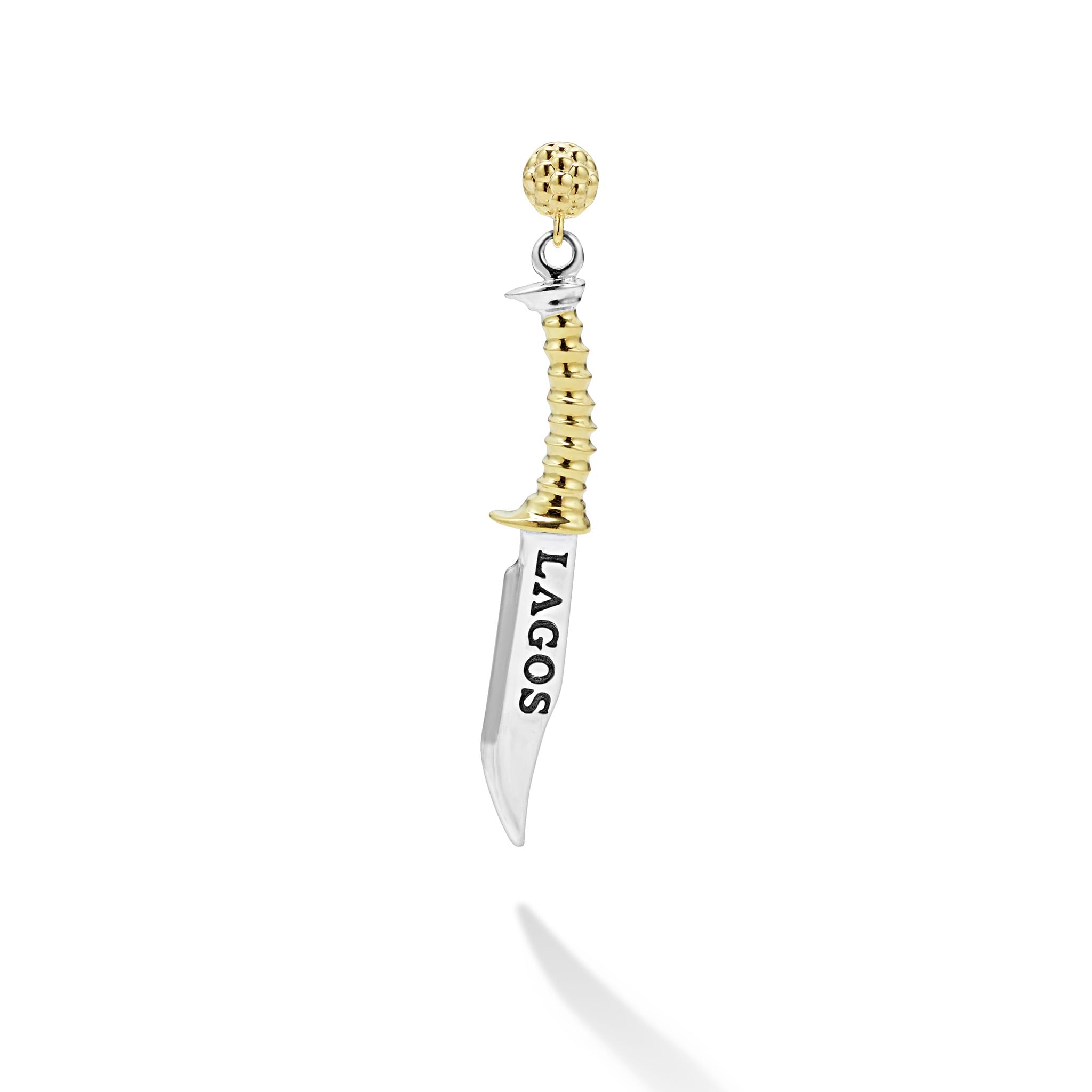 18K gold and sterling silver form this dagger drop earring.