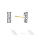Caviar Spark Silver Linear Diamond Stud Earrings feature a silver bar with diamonds and a yellow-gold post, engraved with LAGOS, embodying minimalist elegance and quality craftsmanship.