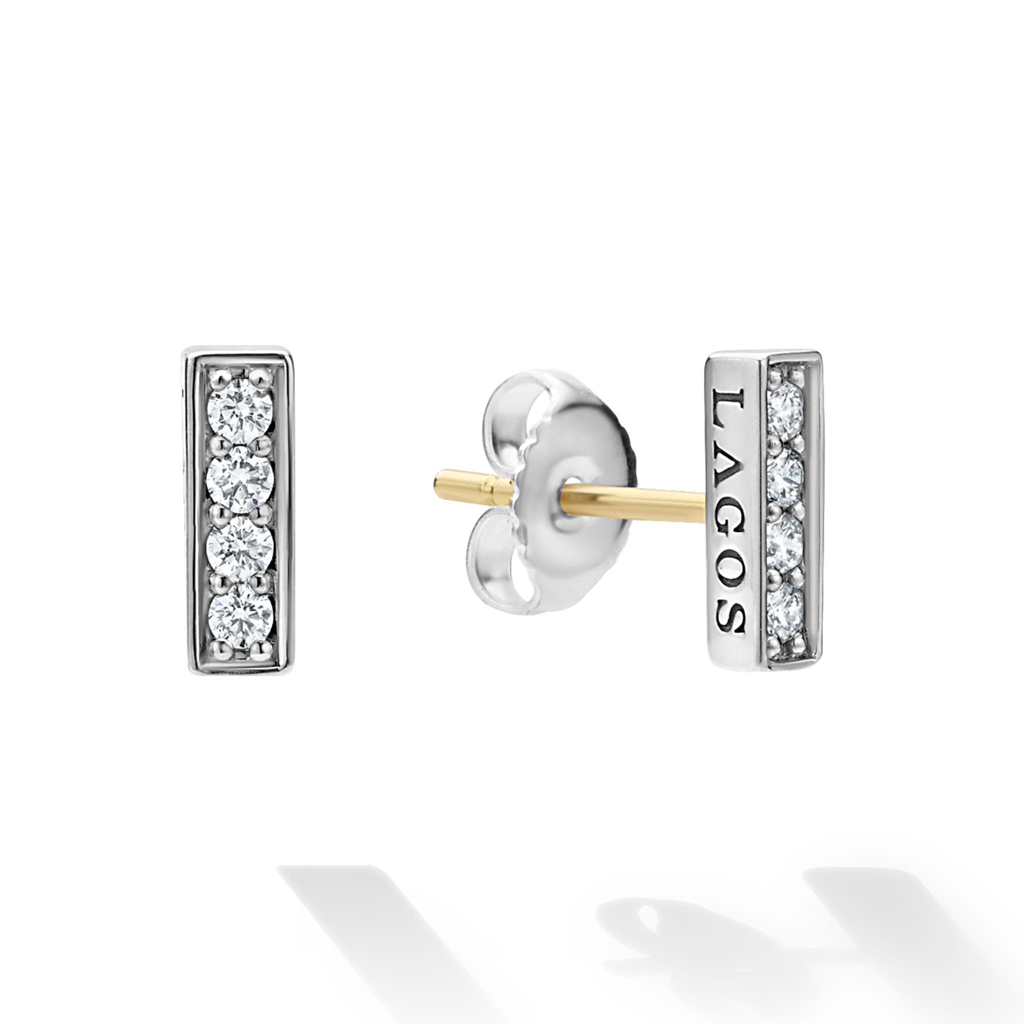 Caviar Spark Silver Linear Diamond Stud Earrings featuring two diamond-accented bars and a plain heart stud, showcasing refined elegance and minimalist design.