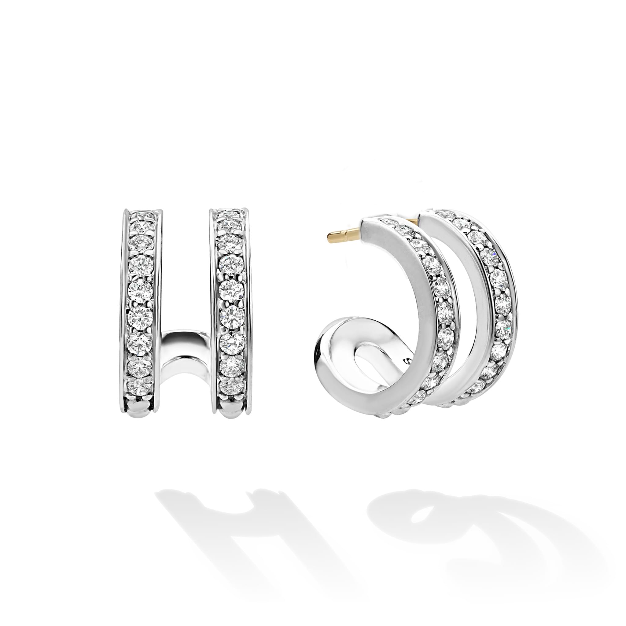 Caviar Spark Silver Linear Diamond Double Row Hoop Earrings, featuring polished white-metal with brilliant-cut diamonds, showcasing LAGOS timeless elegance and meticulous craftsmanship.