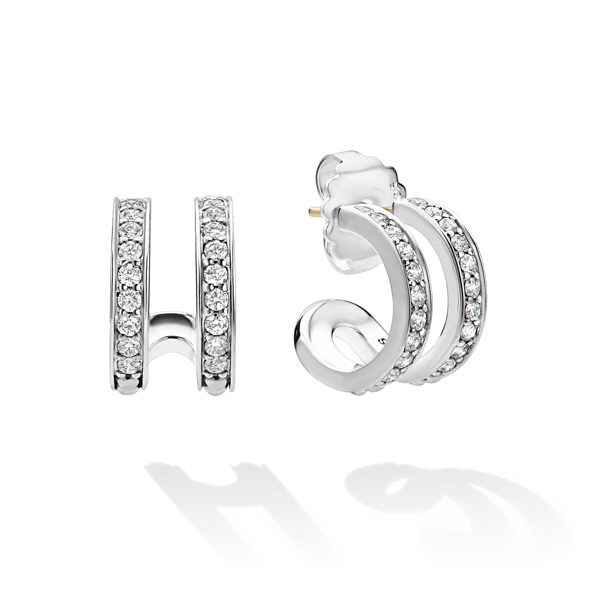 Caviar Spark Silver Linear Diamond Double Row Hoop Earrings in sterling silver with two rows of brilliant-cut diamonds, showcasing elegant design with one earring turned to reveal back.