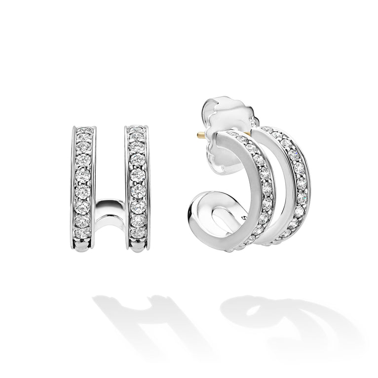Caviar Spark Silver Linear Diamond Double Row Hoop Earrings in sterling silver with two rows of brilliant-cut diamonds, showcasing elegant design with one earring turned to reveal back.