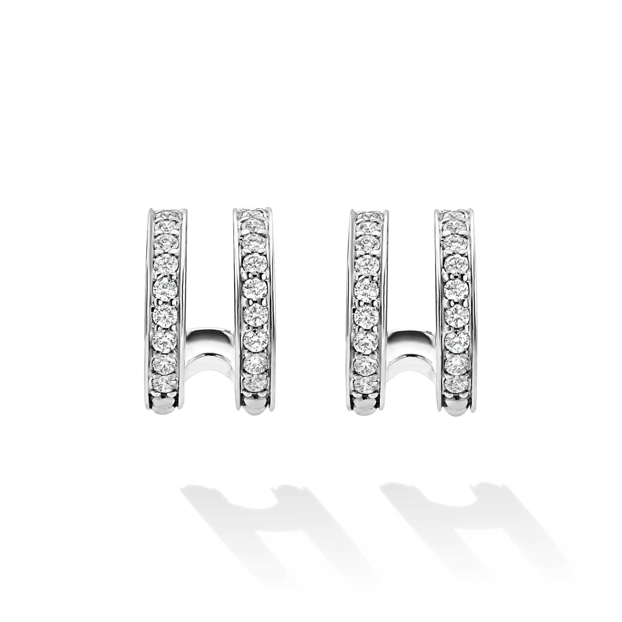 Caviar Spark Silver Linear Diamond Double Row Hoop Earrings showcase polished white-metal hoops with two rows of small, round diamonds for elegant, timeless sparkle.