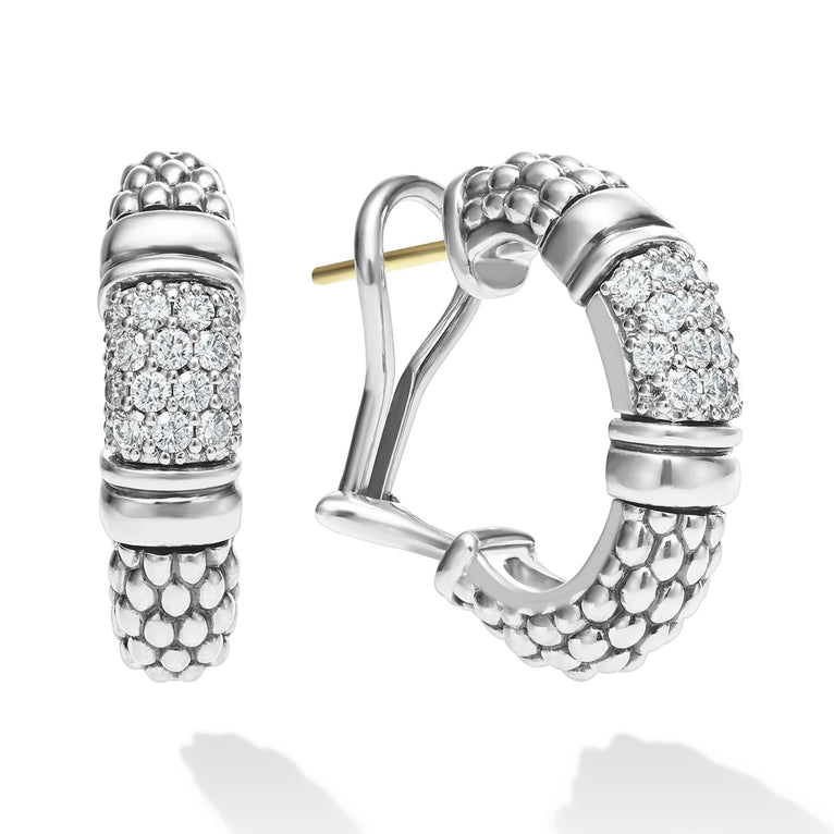 Pavé diamonds set with sterling silver form these classic Caviar hoop earrings. LAGOS diamonds are the highest quality natural stones.