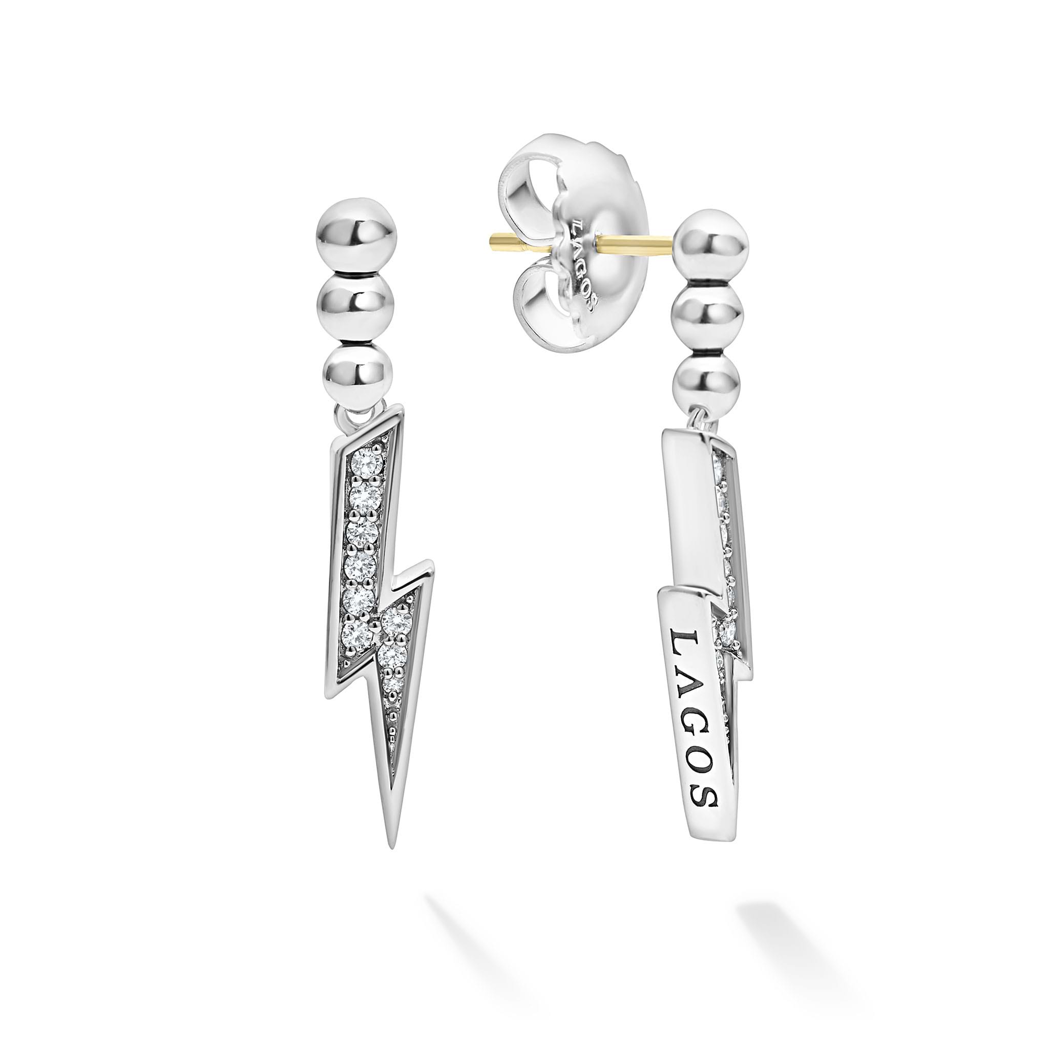 Sterling silver and diamonds form these statement lightning bolt drop earrings. LAGOS diamonds are the highest quality natural stones.