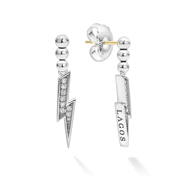 Sterling silver and diamonds form these statement lightning bolt drop earrings. LAGOS diamonds are the highest quality natural stones.