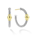 A single 18K gold station surrounded by sterling silver Caviar beading forms these hoop earrings.