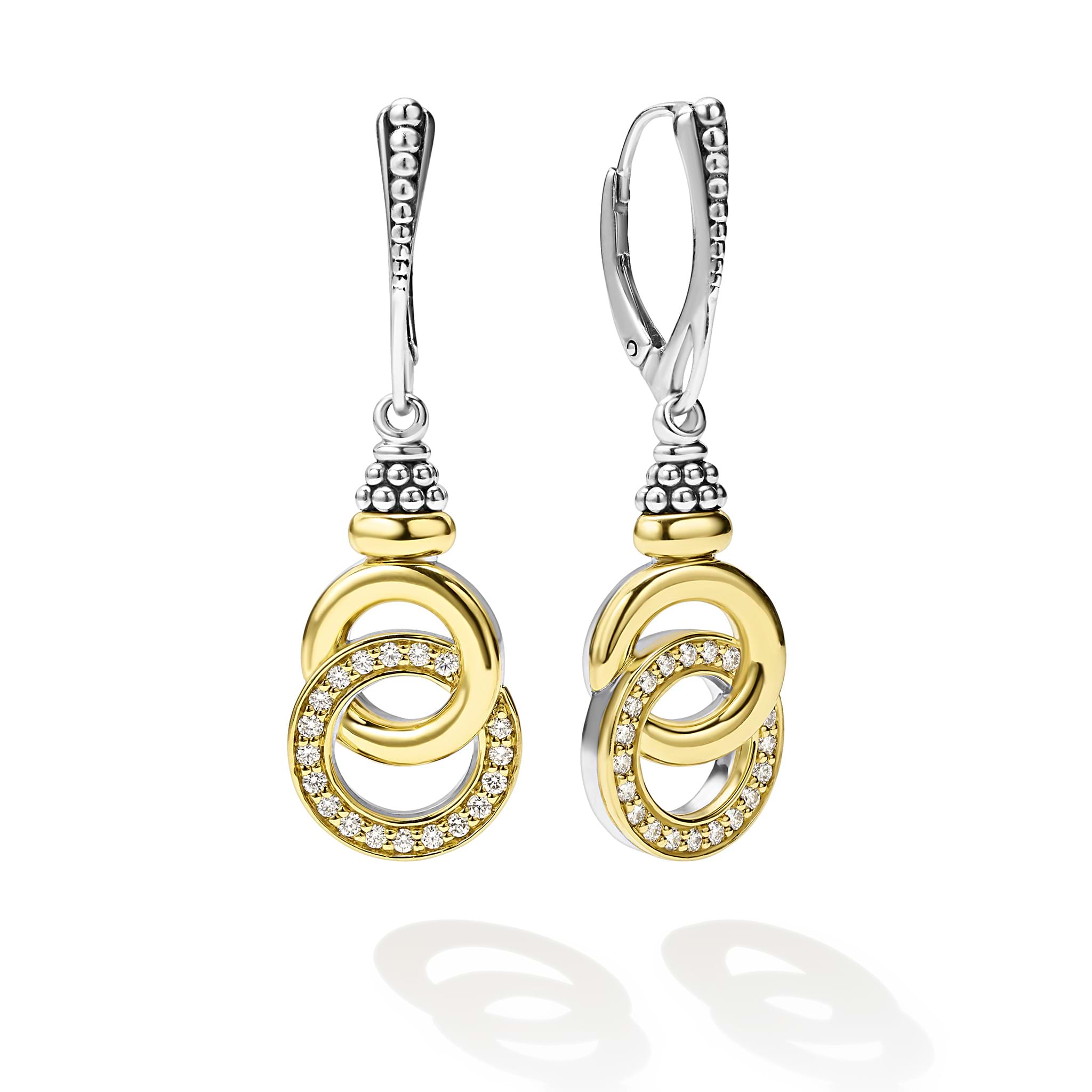 18K gold, sterling silver, and diamonds form these interlocking drop earrings. LAGOS diamonds are the highest quality natural stone.
