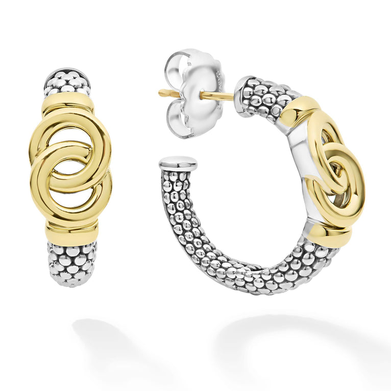 18K gold and sterling silver Caviar beading form these signature interlocking hoop earrings.