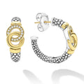 18K gold, diamonds, and sterling silver Caviar beading form these signature interlocking hoop earrings. LAGOS diamonds are the highest quality natural stone.
